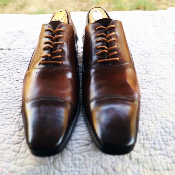 Santoni 9-D Italian Brown Cap Toe Oxford Mens Dress Shoes - Picture 2 of 13